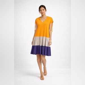 Scorzzo Orange Colorblock Tiered Dress V Neck Casual Summer